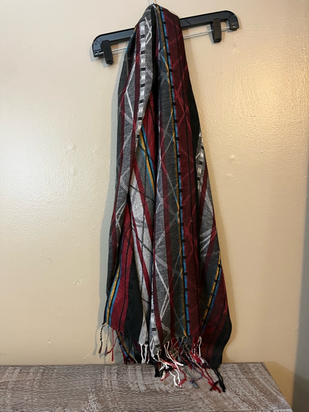 Striped Fringe Scarf in Burgundy, Black & Gray